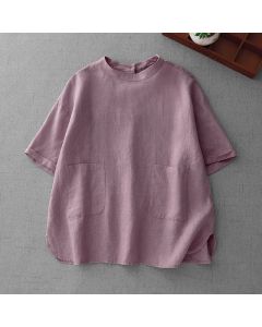 Buddha Stones Summer Casual Minimalist Back Buttons Solid Women's Short Sleeve T-Shirts With Front Pockets - Thistle / US6, UK/AU10, EU38 (M)