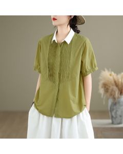 Buddha Stones Summer Casual Minimalist Button-Up Contrast Collar Pleated Women's Short Sleeve Shirts - DarkKhaki / US6, UK/AU10, EU38 (XL)