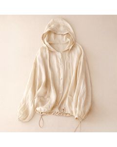 Buddha Stones Summer Casual Minimalist Button-Up Drawstring Solid Women's Long Sleeve Shirts With Pocket - Linen / US6, UK/AU10, EU38 (M)