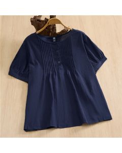 Buddha Stones Summer Casual Minimalist Button-Up Solid Cotton Women's Short Sleeve Shirts - MidnightBlue / US4, UK/AU8, EU36 (L)