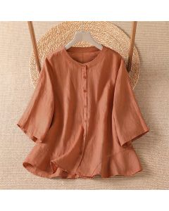 Buddha Stones Summer Casual Minimalist Button-Up Solid Women's Elbow-Length Sleeve Shirts - Peru / US4, UK/AU8, EU36 (L)