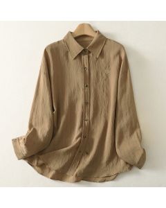 Buddha Stones Summer Casual Minimalist Button-Up Solid Women's Long Sleeve Shirts - Tan / US4, UK/AU8, EU36 (L)