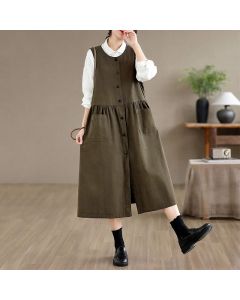 Buddha Stones Summer Casual Minimalist Button-Up Solid Women's Summer Sleeveless Dress With Pocket - DarkOliveGreen / US6, UK/AU10, EU38 (L)