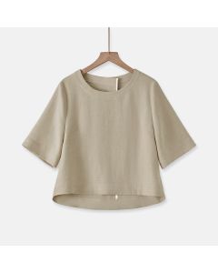 Buddha Stones Summer Casual Minimalist Crew Neck Solid Cropped Women's Short  Sleeve T-Shirts - Tan / US4, UK/AU8, EU36 (M)
