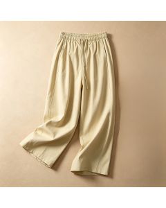 Buddha Stones Summer Casual Minimalist Drawstring Solid Ankle Pants Women's Wide Leg Pants With Pocket - PaleGoldenrod / US8-10, UK/AU12-14, EU40-42 (2XL)