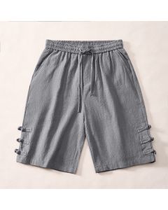 Buddha Stones Summer Casual Minimalist Drawstring Solid Decorative Side Frog Button Men's Shorts With Pockets - Navy / US/UK/AU46, EU56 (5XL)
