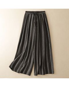 Buddha Stones Summer Casual Minimalist Drawstring Striped Long Pants Women's Wide Leg Pants With Pocket - Linen / US8-10, UK/AU12-14, EU40-42 (2XL)