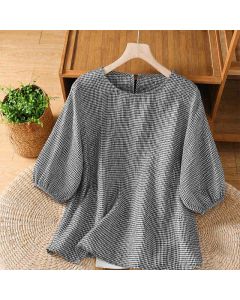 Buddha Stones Summer Casual Minimalist Plaid Crew Neck Women's Short Sleeve T-Shirts - Black / US4, UK/AU8, EU36 (M)