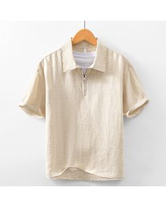 Buddha Stones Summer Casual Minimalist Quarter Zip Solid Men's Short Sleeve Shirts - Wheat / US/UK/AU36，EU46 (L)
