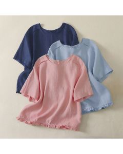 Buddha Stones Summer Casual Minimalist Ruffle Hem Solid Women's Short Sleeve T-Shirts - LightPink / US4, UK/AU8, EU36 (M)
