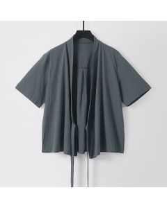 Buddha Stones Summer Casual Minimalist Short Sleeve Solid Lace-up Open Front Cotton Linen Men's Kimono - DimGray / US/UK/AU36, EU46 (L)
