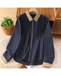 Buddha Stones Summer Casual Minimalist Solid Contrast Trim Women's Long Sleeve Shirts With Patch Pocket - MidnightBlue / US4, UK/AU8, EU36 (L)
