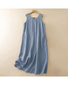 Buddha Stones Summer Casual Minimalist Solid Crew Neck Women's Summer Sleeveless Dress With Pocket - LightSteelBlue / US6, UK/AU10, EU38 (M)