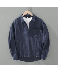 Buddha Stones Summer Casual Minimalist Solid Men's Long Sleeve Shirts With Patch Pocket - MidnightBlue / US/UK/AU36, EU46 (L)