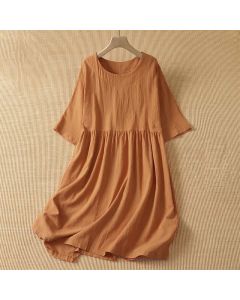 Buddha Stones Summer Casual Minimalist Solid Orange Crew Neck Women's Short Sleeve Dress - Peru / US6, UK/AU10, EU38 (M)