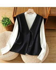 Buddha Stones Summer Casual Minimalist V-Neck Button-Up Solid Tank Top Women's Vest With Pocket - Black / US4, UK/AU8, EU36 (M)