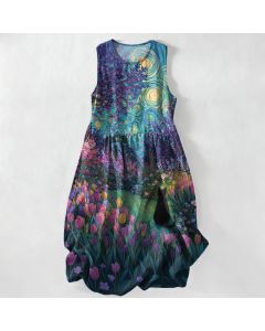 Buddha Stones Summer Casual Oil Painting Style Floral Swirl With Black Cat Pattern Women's Summer Sleeveless Midi Dress With Pockets - ForestGreen / US16,UK/AU20,EU48 (3XL)