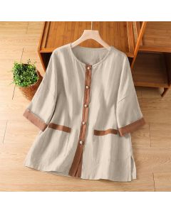 Buddha Stones Summer Casual Patch Pocket Button-Up Solid Women's Short Sleeve Shirts With Pocket - Linen / US4, UK/AU8, EU36 (L)