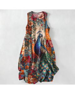 Buddha Stones Summer Casual Peacock Floral Patchwork Pattern Women's Summer Sleeveless Midi Dress With Pockets - Coral / US4，UK/AU8，EU36 (S)
