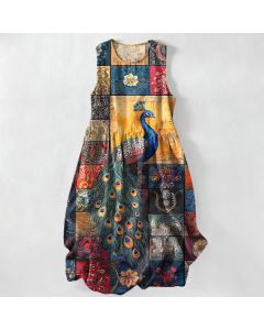 Buddha Stones Summer Casual Peacock Patchwork Pattern Women's Summer Sleeveless Midi Dress With Pockets - SteelBlue / US4，UK/AU8，EU36 (S)