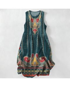 Buddha Stones Summer Casual Persian Paisley Border Pattern Women's Summer Sleeveless Midi Dress With Pockets - Teal / US4，UK/AU8，EU36 (S)