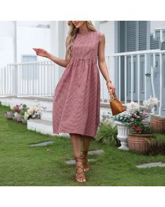 Buddha Stones Summer Casual Plaid Cotton Women's Sleeveless Dress With Pockets - DimGray / US16，UK/AU20，EU48 (3XL)