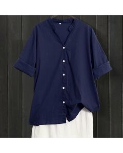 Buddha Stones Summer Casual Plain Breasted Notched Collar Short Sleeve Women's Cotton Linen Shirt - LightSteelBlue / US8-10，UK/AU12-14，EU40-42 (L)