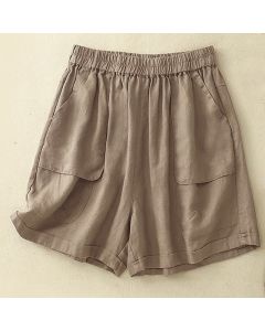 Buddha Stones Summer Casual Plain Women's Elasti Straight Shorts With Pockets - Tan / US4，UK/AU8，EU36 (M)