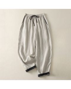Buddha Stones Summer Casual Pure Color Drawstring Women's Harem Pants With Pockets - Linen / US8-10，UK/AU12-14，EU40-42 (2XL)
