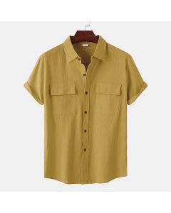 Buddha Stones Summer Casual Solid Buttons Men's Short Sleeve Shirts With Decorative Pockets - DarkKhaki / US/UK/AU38，EU48 (M)