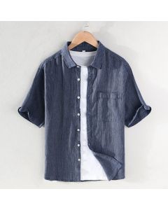 Buddha Stones Summer Casual Solid Striped Linen Men's Short Sleeve Shirts With Patch Pocket - SteelBlue / US/UK/AU36，EU46 (L)