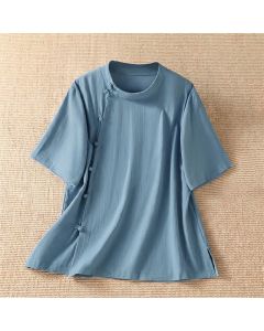 Buddha Stones Summer Casual Tang Style Frog Button Crew Neck Solid Women's Short Sleeve Shirts - LightBlue / US4, UK/AU8, EU36 (L)