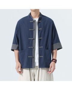 Buddha Stones Summer Casual Tang Style Frog Button Solid Cotton Men's Short Sleeve Shirts With Pocket - Navy / US/UK/AU46, EU56 (5XL)
