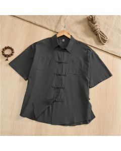 Buddha Stones Summer Casual Tang Style Frog Button Solid Men's Short Sleeve Shirts With Patch Pockets - DimGray / US/UK/AU36, EU46 (L)