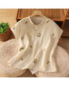 Buddha Stones Summer Casual Tang Style Mandarin Collar Embroidery Floral Tank Top Women's Sleeveless Shirts - Beige / US4, UK/AU8, EU36 (M)