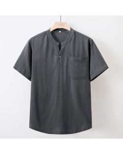 Buddha Stones Summer Casual Tang Style Mandarin Collar Solid Cotton Linen Men's Short Sleeve Shirts With Pocket - DimGray / US/UK/AU36, EU46 (L)