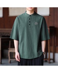 Buddha Stones Summer Casual Tang Style Mandarin Collar Solid Men's Short Sleeve Shirts - SeaGreen / US/UK/AU36, EU46 (L)