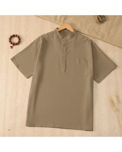 Buddha Stones Summer Casual Tang Style Mandarin Collar Solid Men's Short Sleeve Shirts With Pocket - Tan / US/UK/AU36, EU46 (L)
