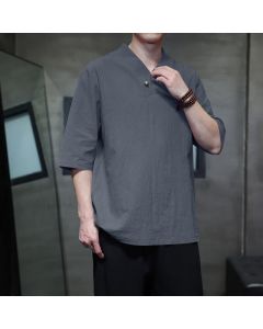 Buddha Stones Summer Casual Tang Style Mandarin Collar Solid Men's Short Sleeve Shirts - SlateGray / US/UK/AU36, EU46 (L)
