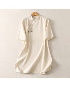 Buddha Stones Summer Casual Tang Style Mandarin Collar Solid Women's Short Sleeve Dresses - Linen / US8-10, UK/AU12-14, EU40-42 (L)