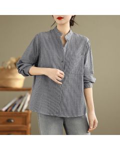Buddha Stones Summer Casual Tang Style Mandarin Collar Striped Women's Long Sleeve Shirts With Patch Pocket - Gray / US4, UK/AU8, EU36 (L)