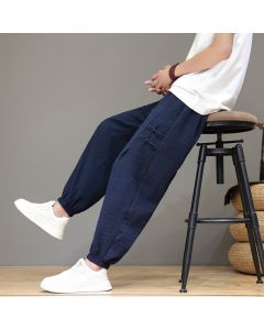 Buddha Stones Summer Casual Tang Style Solid Cropped Pants Men's Harem Pants With Pockets - MidnightBlue / US/UK/AU46, EU56 (5XL)