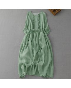 Buddha Stones Summer Casual Vintage Button-Up Drawstring Solid Women's Short Sleeve Dress With Pocket - DarkSeaGreen / US6, UK/AU10, EU38 (M)