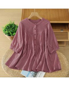 Buddha Stones Summer Casual Vintage Button-Up Red Plaid Crew Neck Women's Short Sleeve Shirts - IndianRed / US6, UK/AU10, EU38 (M)