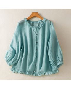 Buddha Stones Summer Casual Vintage Button-up Ruffled Crew Neck Solid Women's Long Sleeve Shirts - RosyBrown / US4, UK/AU8, EU36 (M)