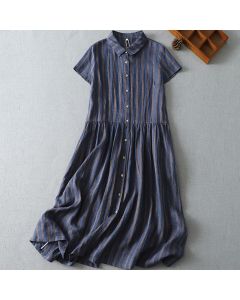 Buddha Stones Summer Casual Vintage Button-Up Striped Women's Short Sleeve Dresses With Pocket - Sienna / US12, UK/AU16, EU44 (2XL)