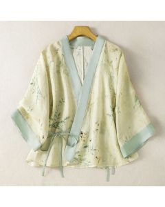 Buddha Stones Summer Casual Vintage Drawstring V-Neck Floral Contrast Trim Three-Quarter Sleeve Women's Kimono - Beige / US8-10, UK/AU12-14, EU40-42 (2XL)