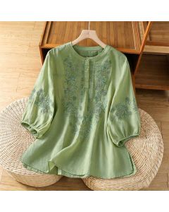 Buddha Stones Summer Casual Vintage Embroidery Floral Women's Short Sleeve Shirts - PaleGreen / US4, UK/AU8, EU36 (L)