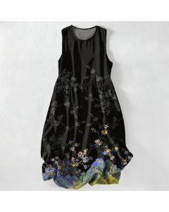 Buddha Stones Summer Casual Vintage Floral Branches Pattern Women's Summer Sleeveless Midi Dress With Pockets - SlateGray / US16，UK/AU20，EU48 (3XL)