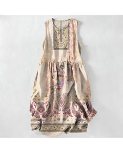 Buddha Stones Summer Casual Vintage Floral Medallions Leaves Pattern Women's Summer Sleeveless Midi Dress With Pockets - OldLace / US4，UK/AU8，EU36 (S)